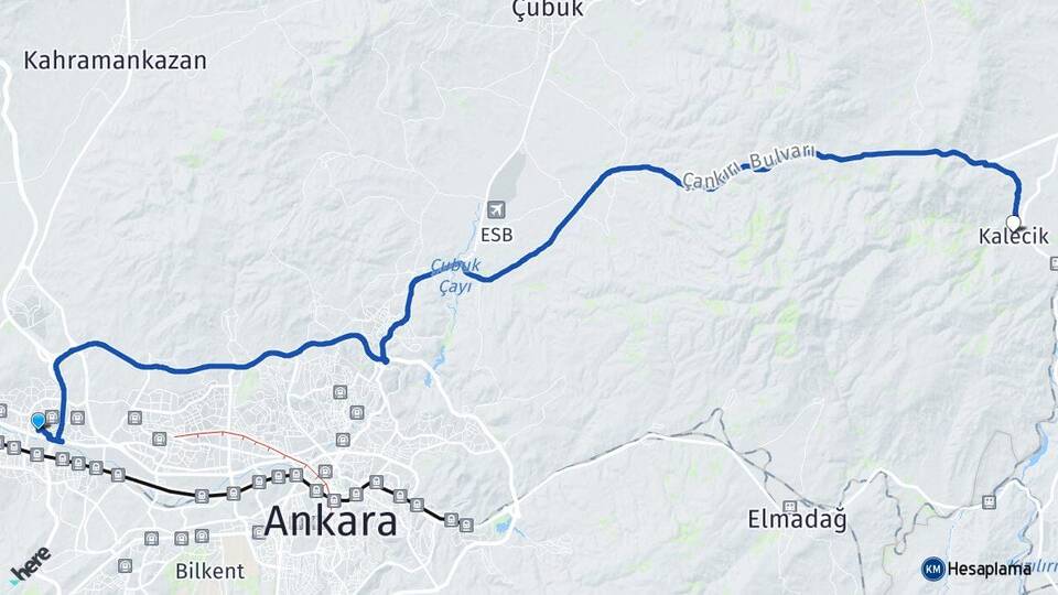 Ankara Etimesgut Eryaman Kalecik Arası Kaç Km - Yol Haritası