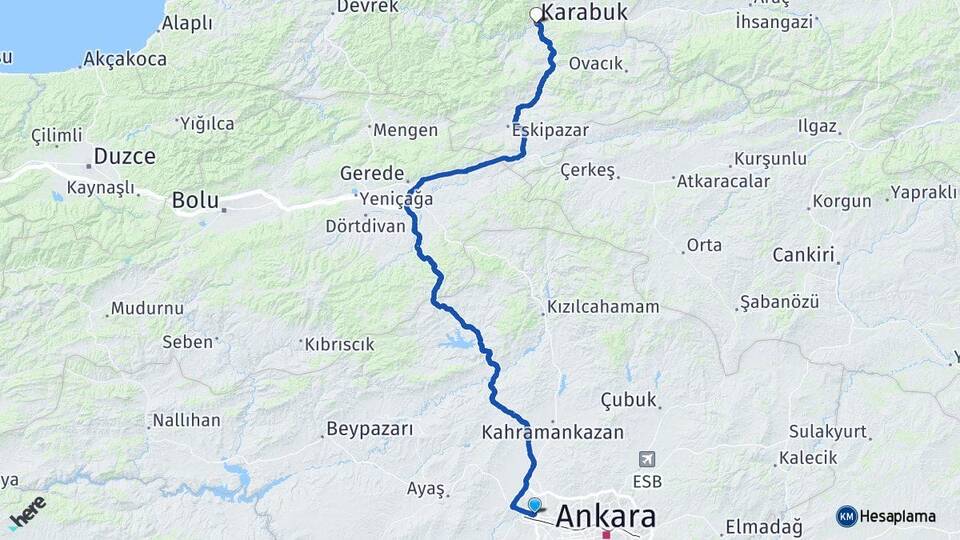 Ankara Etimesgut Eryaman Karabük Arası Kaç Km - Yol Haritası