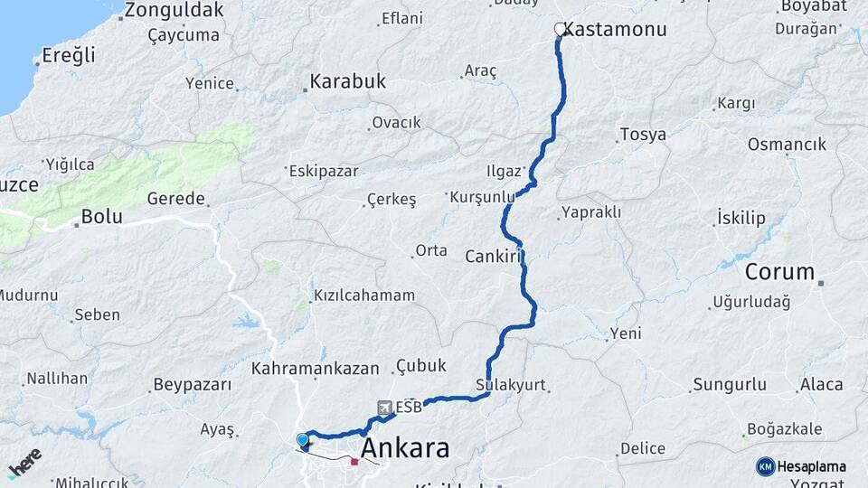 Ankara Etimesgut Eryaman Kastamonu Arası Kaç Km - Yol Haritası