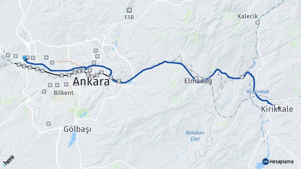 Ankara Etimesgut Eryaman Kırıkkale Arası Kaç Km - Yol Haritası