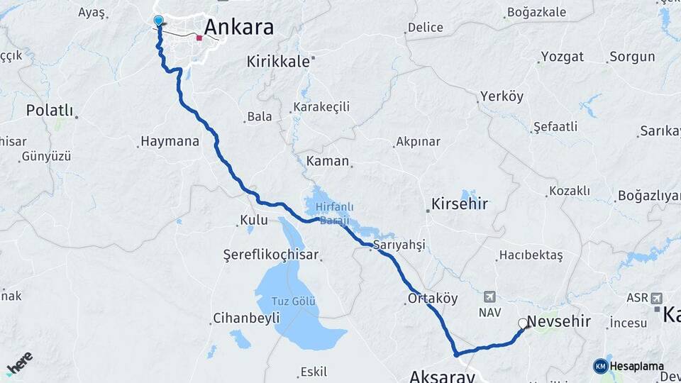 Ankara Etimesgut Eryaman Nevşehir Arası Kaç Km - Yol Haritası