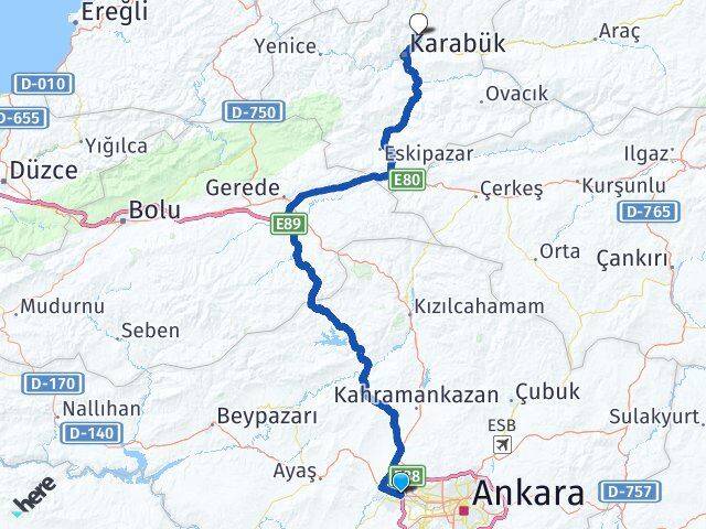 Ankara Etimesgut Eryaman Safranbolu Karabük Arası Kaç Km - Yol Haritası