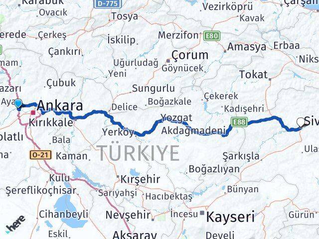 Ankara Etimesgut Eryaman Sivas Arası Kaç Km - Yol Haritası