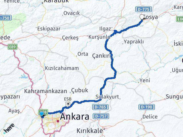 Eryaman Tosya Arası Kaç Km - Yol Tarifi