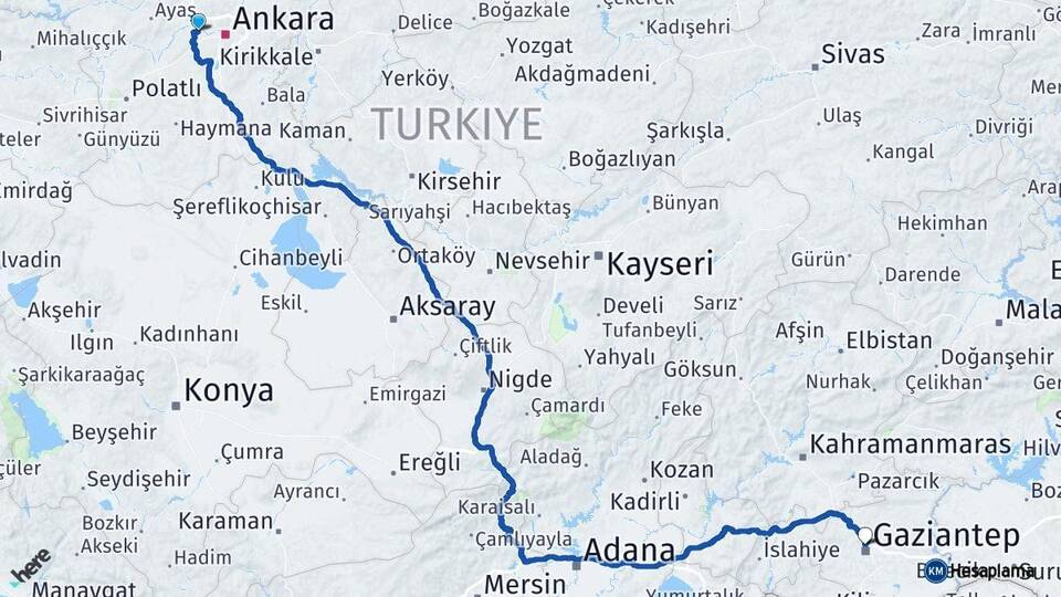 Ankara Etimesgut Gaziantep Arası Kaç Km - Yol Haritası
