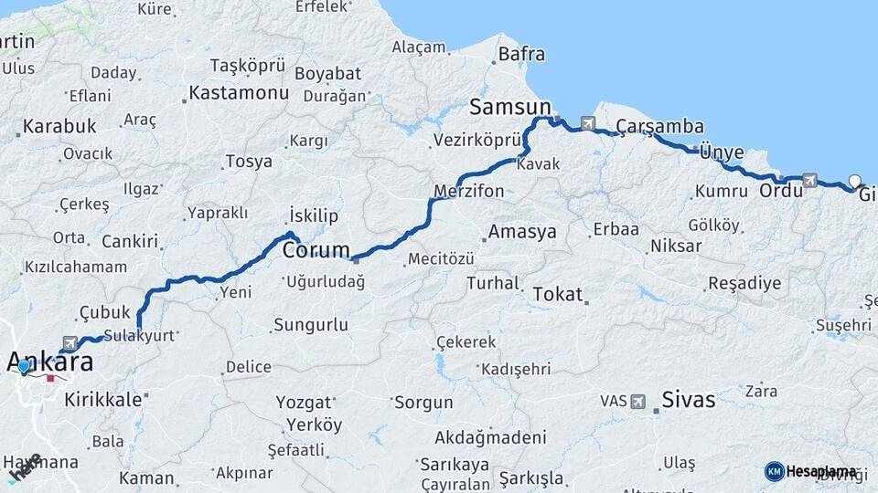 Ankara Etimesgut Giresun Arası Kaç Km - Yol Haritası