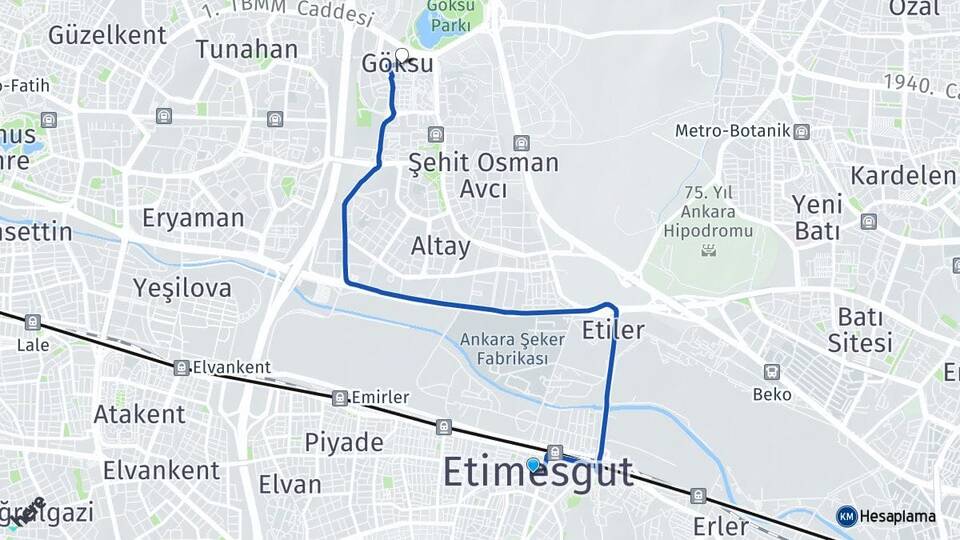 Ankara Etimesgut Göksu Etimesgut Arası Kaç Km - Yol Haritası