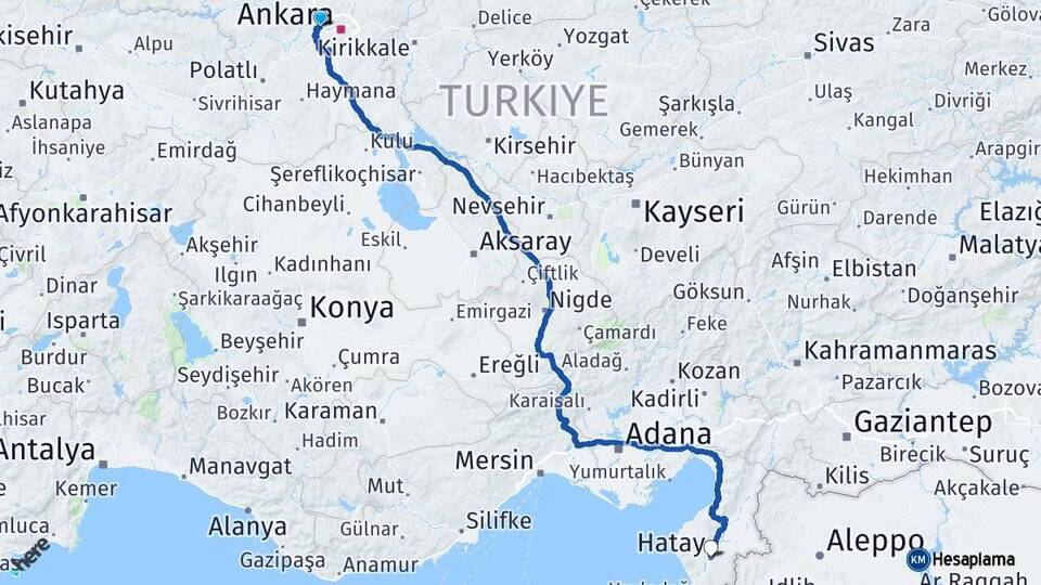 Ankara Etimesgut Hatay Arası Kaç Km - Yol Haritası