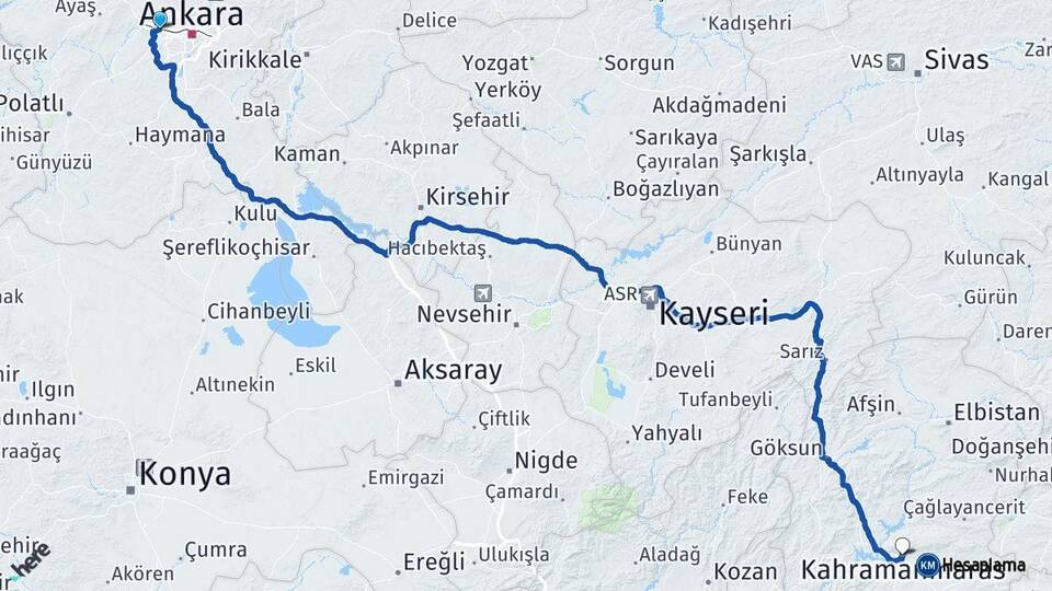 Ankara Etimesgut Kahramanmaraş Arası Kaç Km - Yol Haritası