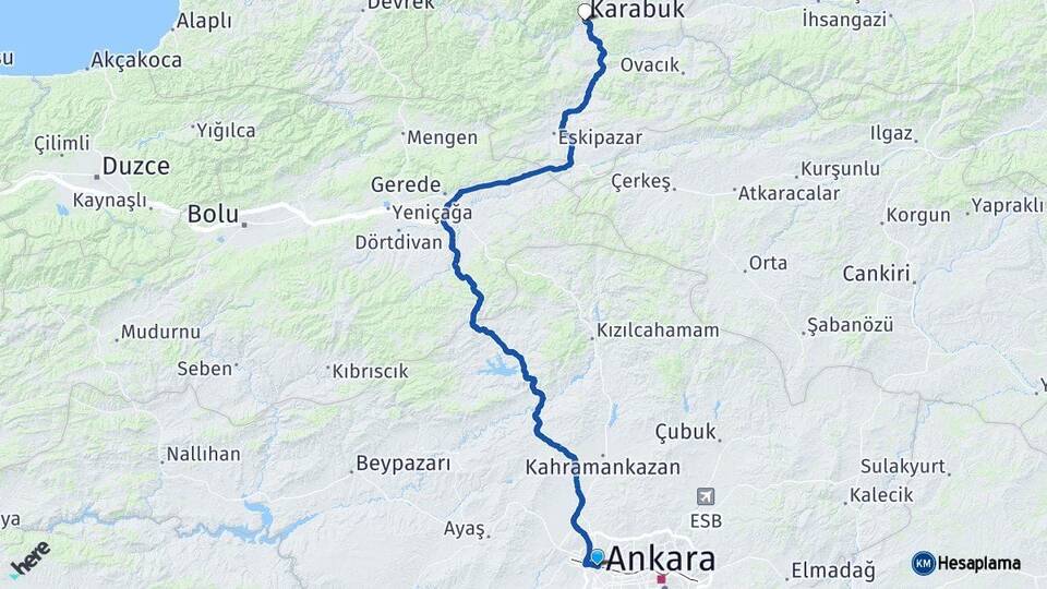 Ankara Etimesgut Karabük Arası Kaç Km - Yol Haritası