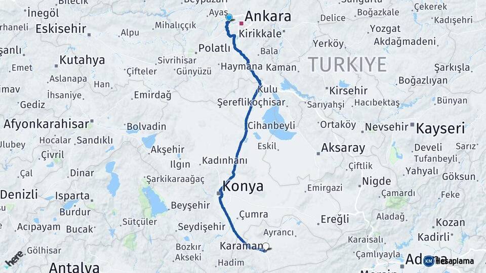 Ankara Etimesgut Karaman Arası Kaç Km - Yol Haritası