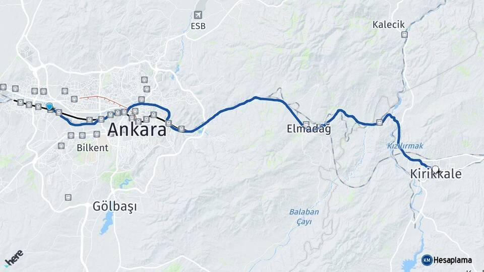 Ankara Etimesgut Kırıkkale Arası Kaç Km - Yol Haritası