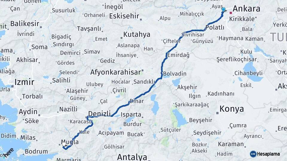 Ankara Etimesgut Muğla Arası Kaç Km - Yol Haritası