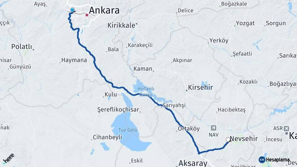 Ankara Etimesgut Nevşehir Arası Kaç Km - Yol Haritası
