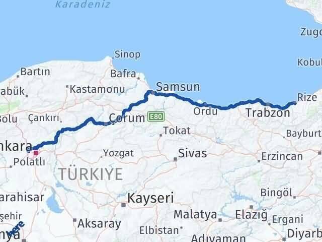 Ankara Etimesgut Rize Arası Kaç Km - Yol Haritası