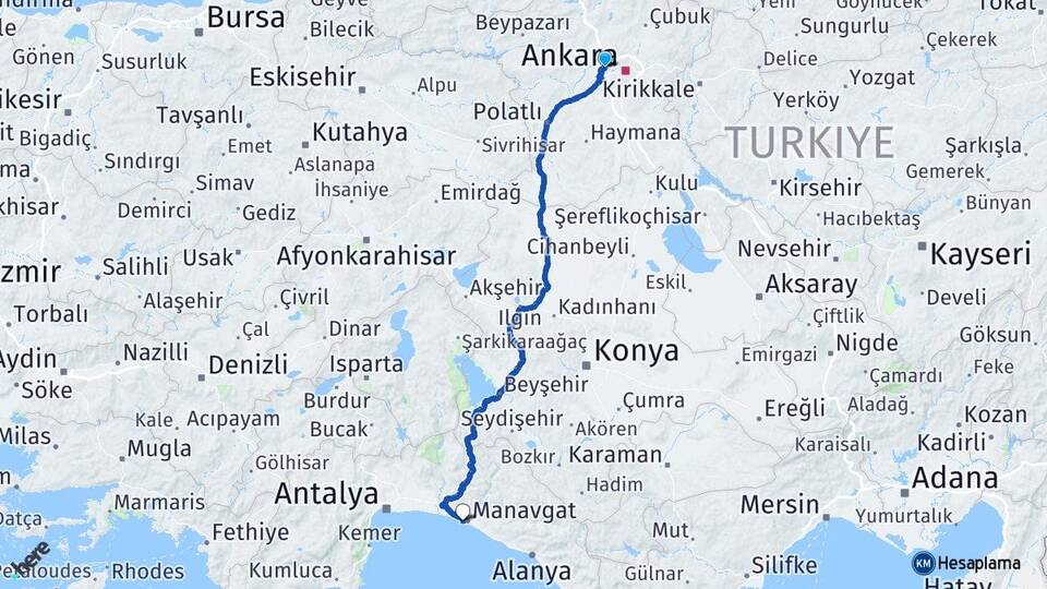Ankara Etimesgut Side Manavgat Antalya Arası Kaç Km - Yol Haritası