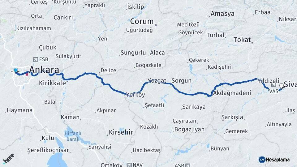 Ankara Etimesgut Sivas Arası Kaç Km - Yol Haritası