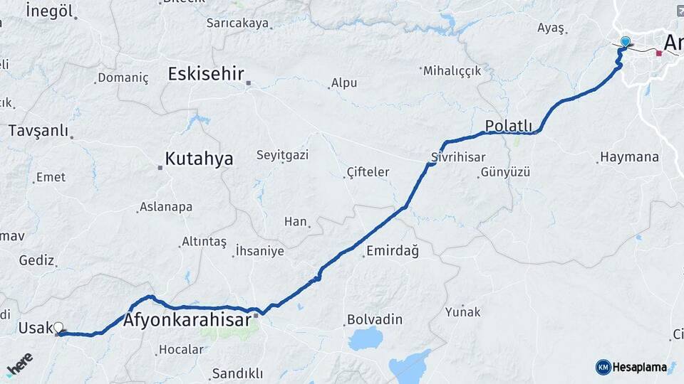 Ankara Etimesgut Uşak Arası Kaç Km - Yol Haritası