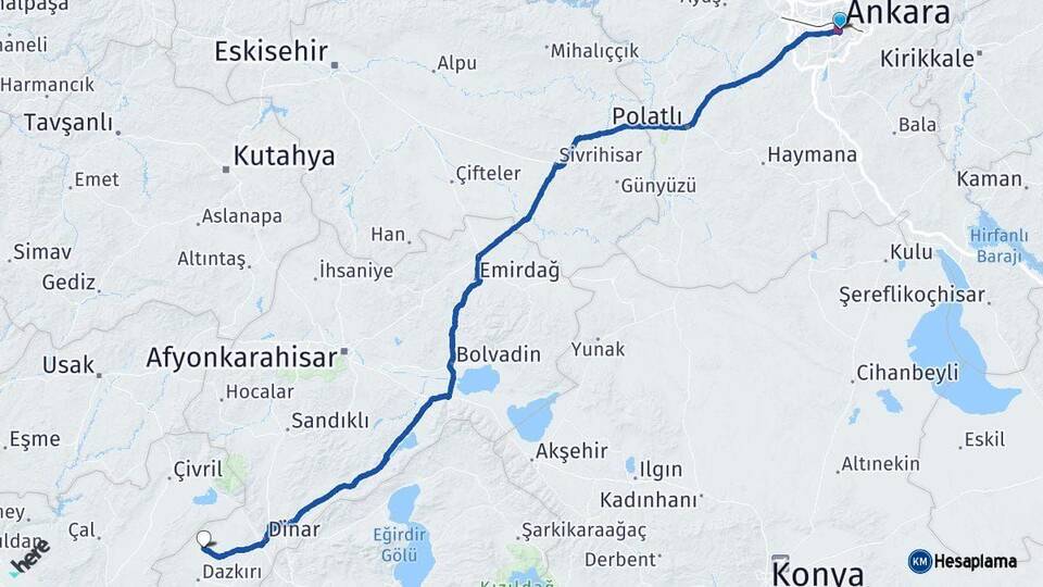 Ankara Evciler Afyonkarahisar Arası Kaç Km - Yol Haritası