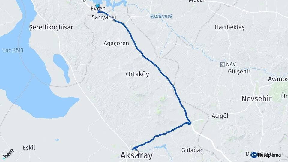 Ankara Evren Aksaray Arası Kaç Km - Yol Haritası