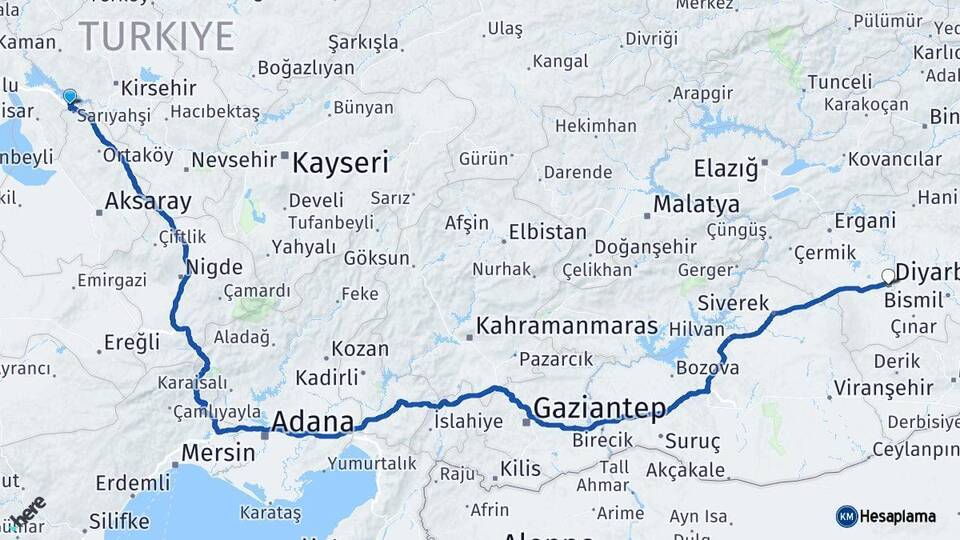 Ankara Evren Diyarbakır Arası Kaç Km - Yol Haritası