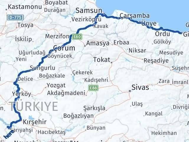 Ankara Evren Giresun Arası Kaç Km - Yol Haritası