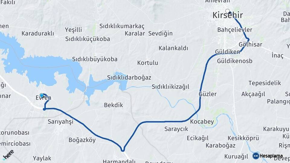 Ankara Evren Kırşehir Arası Kaç Km - Yol Haritası