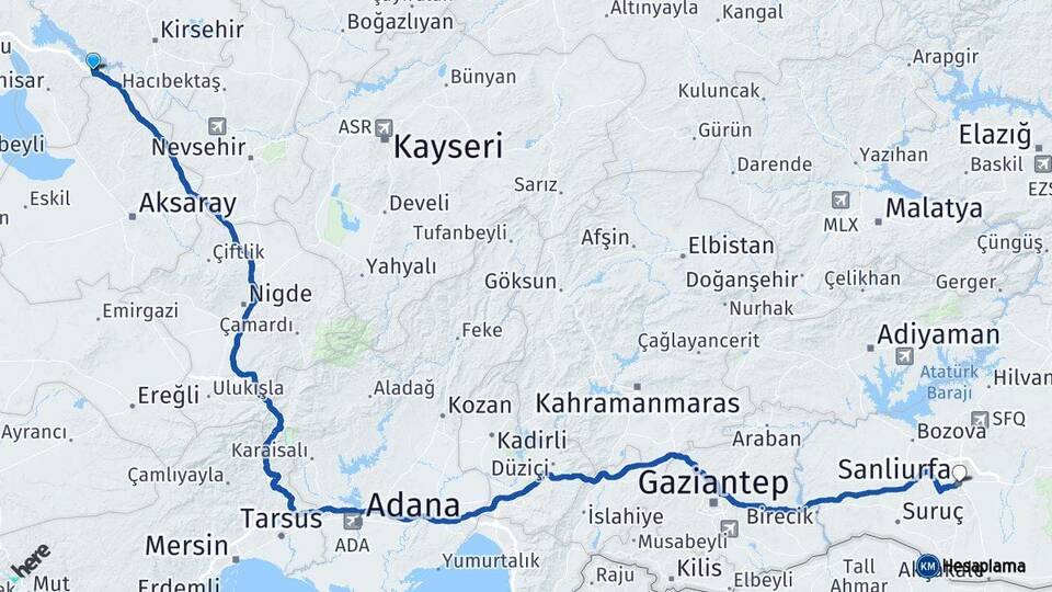 Ankara Evren Şanlıurfa Arası Kaç Km - Yol Haritası