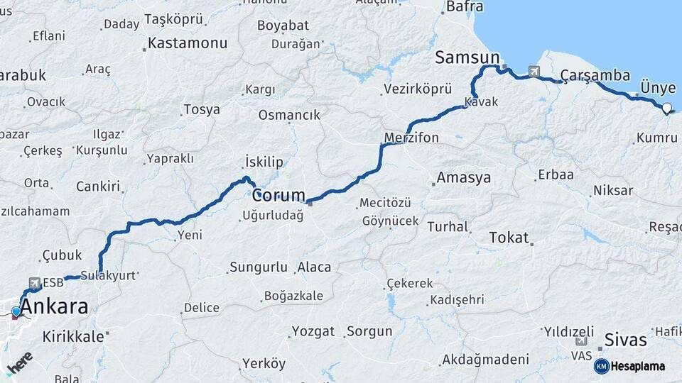 Ankara Fatsa Ordu Arası Kaç Km - Yol Haritası