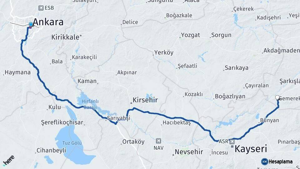 Ankara Gemerek Sivas Arası Kaç Km - Yol Haritası
