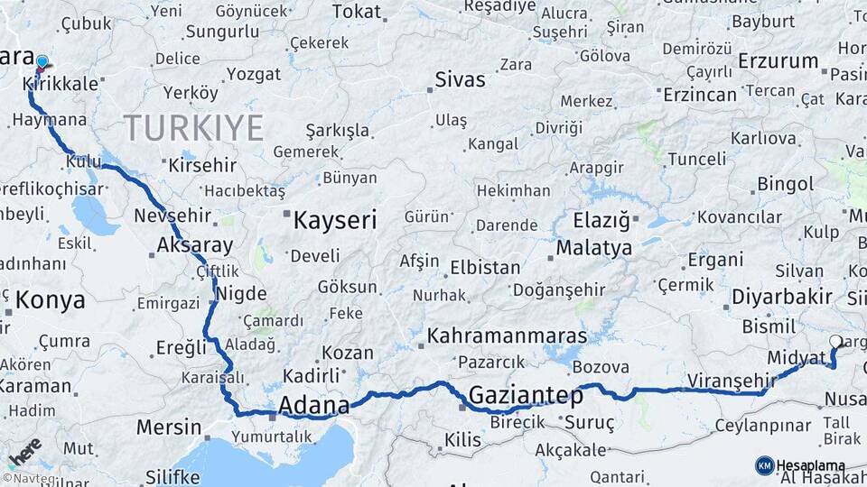 Ankara Gercüş Batman Arası Kaç Km - Yol Haritası