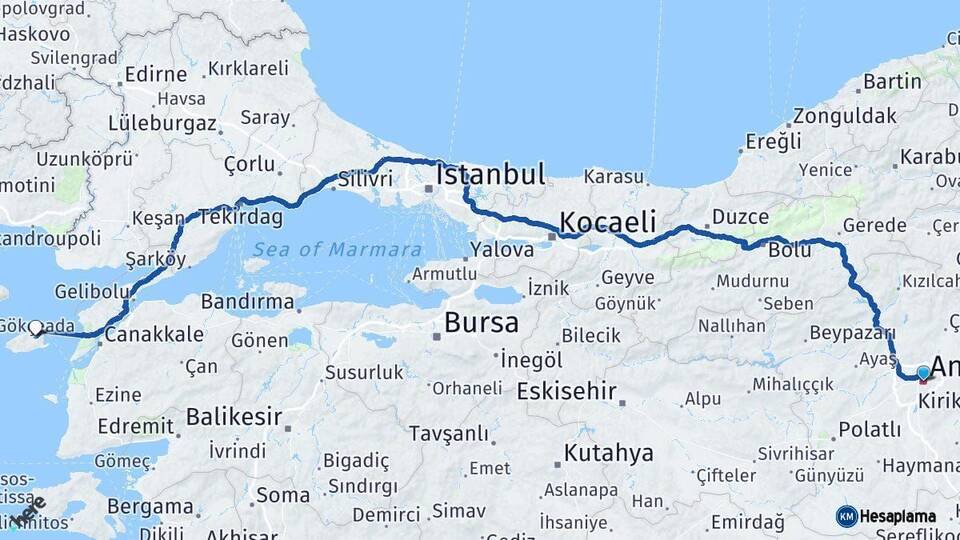 Ankara Gökçeada Çanakkale Arası Kaç Km - Yol Haritası