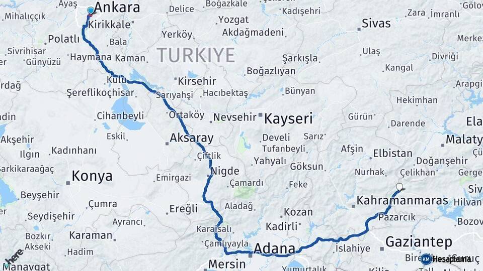 Ankara Gölbaşı Adıyaman Arası Kaç Km - Yol Haritası