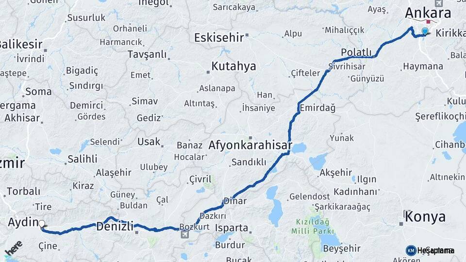 Ankara Gölbaşı Aydın Arası Kaç Km - Yol Haritası