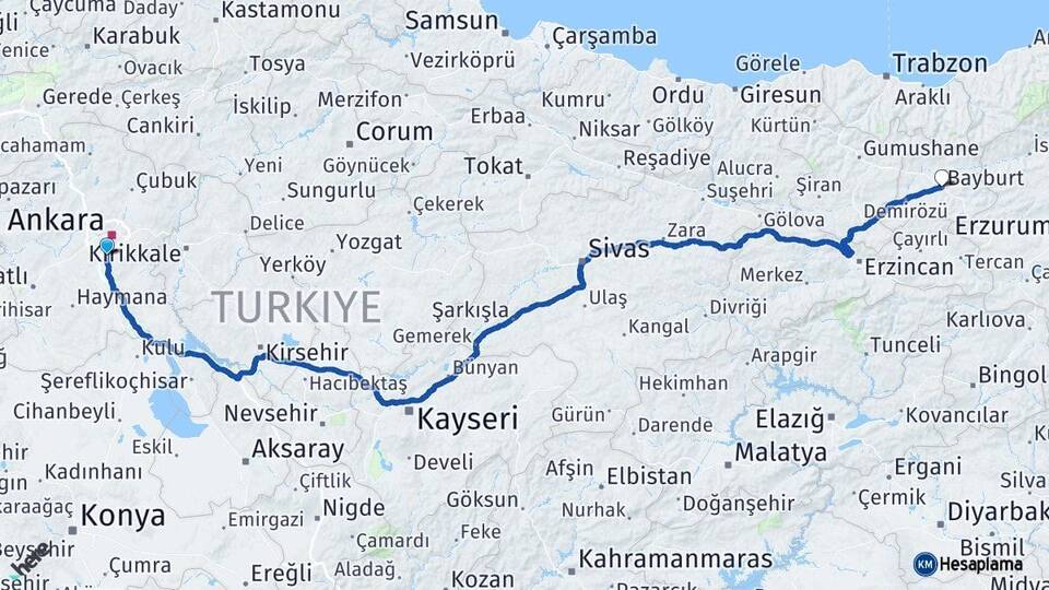 Ankara Gölbaşı Bayburt Arası Kaç Km - Yol Haritası