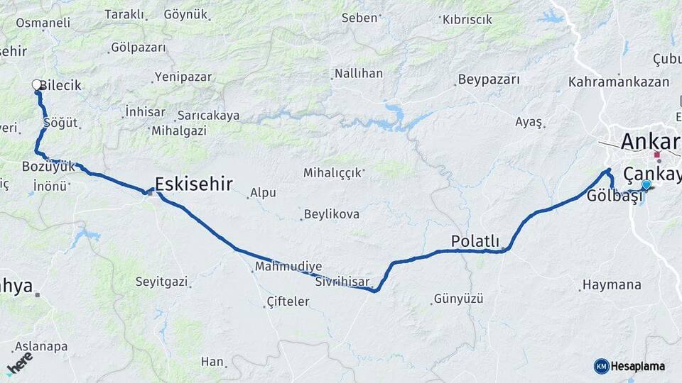 Ankara Gölbaşı Bilecik Arası Kaç Km - Yol Haritası