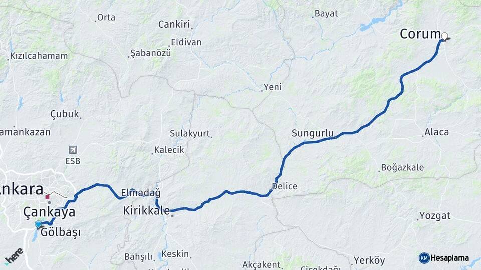 Ankara Gölbaşı Çorum Arası Kaç Km - Yol Haritası