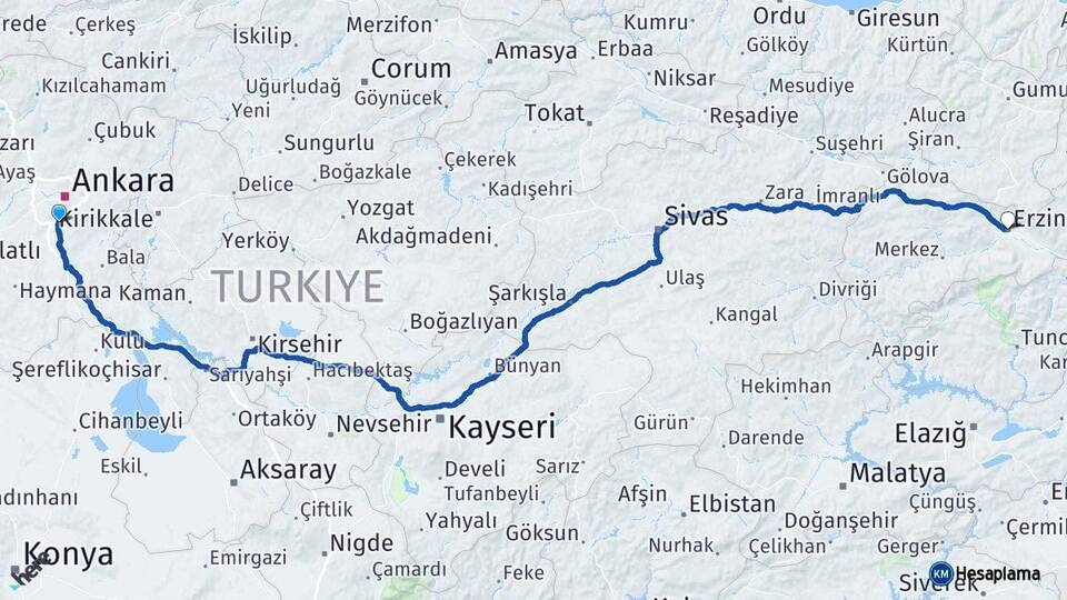 Ankara Gölbaşı Erzincan Arası Kaç Km - Yol Haritası