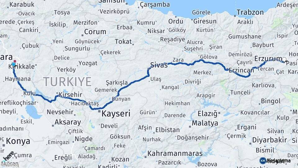 Ankara Gölbaşı Erzurum Arası Kaç Km - Yol Haritası