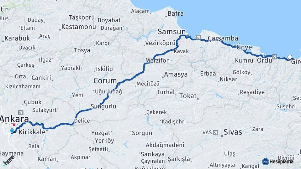 Ankara Gölbaşı Giresun Arası Kaç Km - Yol Haritası