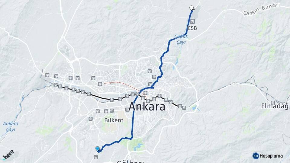 Ankara Gölbaşı İncek Esenboğa Çubuk Arası Kaç Km - Yol Haritası