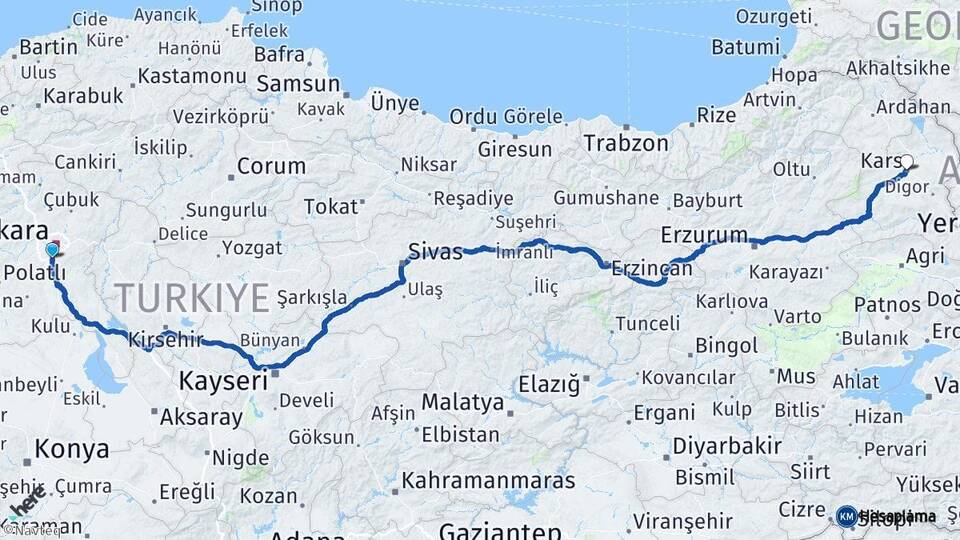 Ankara Gölbaşı Kars Arası Kaç Km - Yol Haritası