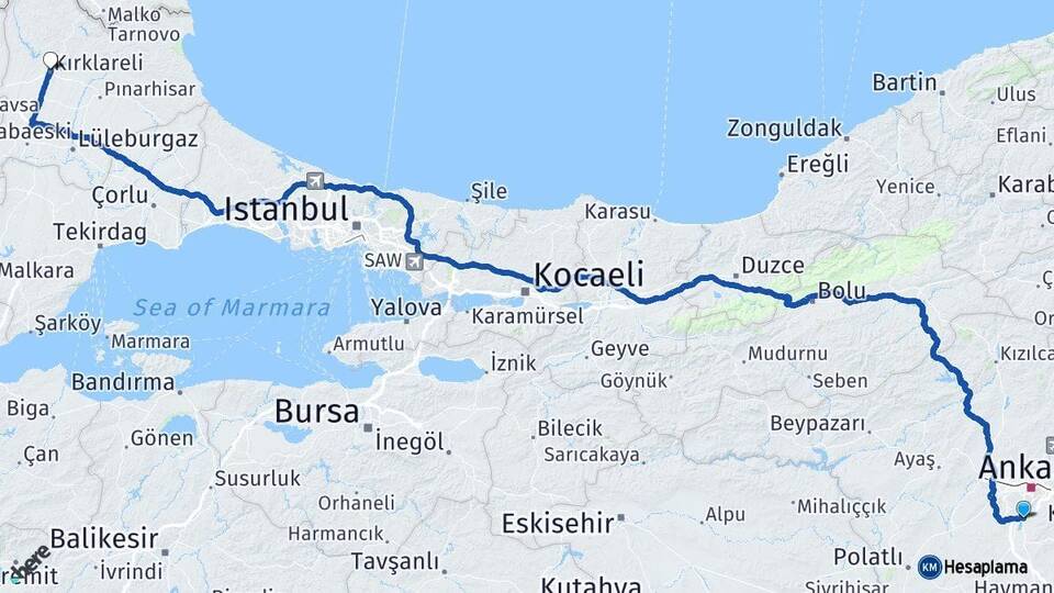 Ankara Gölbaşı Kırklareli Arası Kaç Km - Yol Haritası