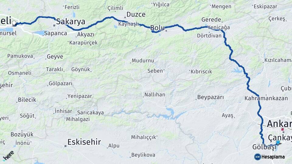 Ankara Gölbaşı Kocaeli Arası Kaç Km - Yol Haritası