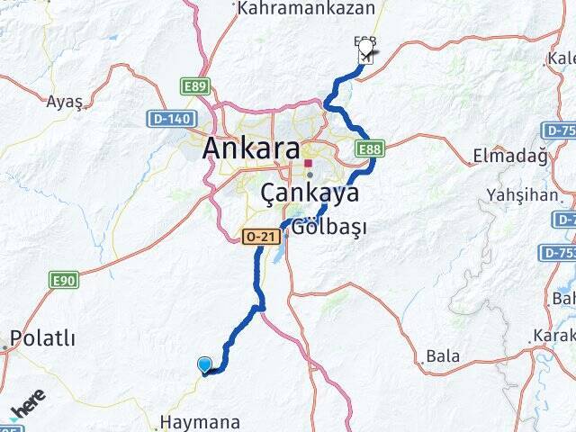 Oyaca Yeşilçam Esenboğa Havalimanı Arası Kaç Km - Yol Tarifi