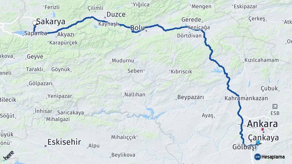 Ankara Gölbaşı Sakarya Arası Kaç Km - Yol Haritası