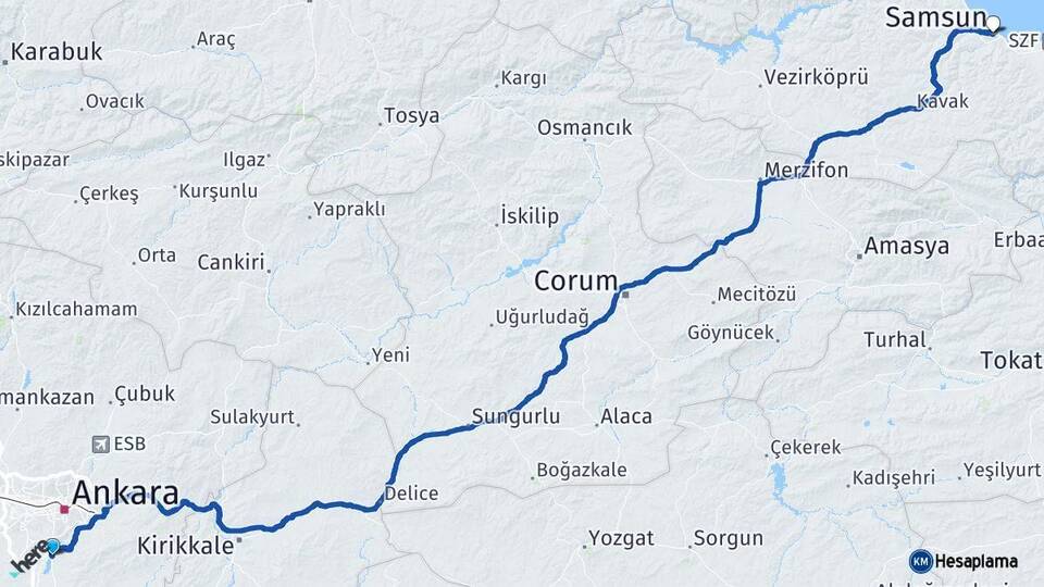 Ankara Gölbaşı Samsun Arası Kaç Km - Yol Haritası