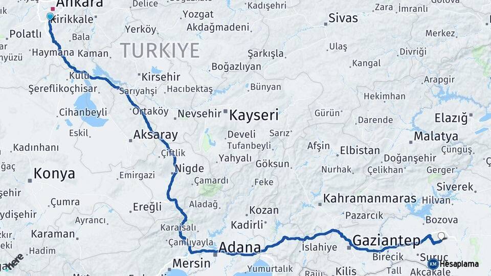 Ankara Gölbaşı Şanlıurfa Arası Kaç Km - Yol Haritası