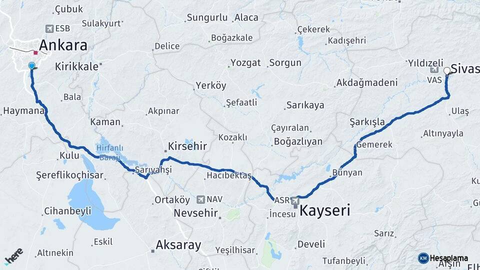 Ankara Gölbaşı Sivas Arası Kaç Km - Yol Haritası