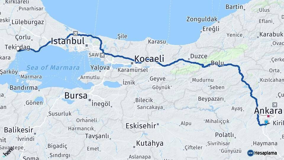 Ankara Gölbaşı Tekirdağ Arası Kaç Km - Yol Haritası